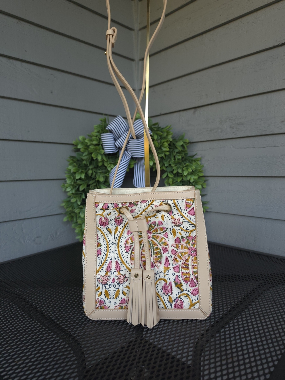 Spartina 449 Beige Floral Crossbody with Leather Tassels